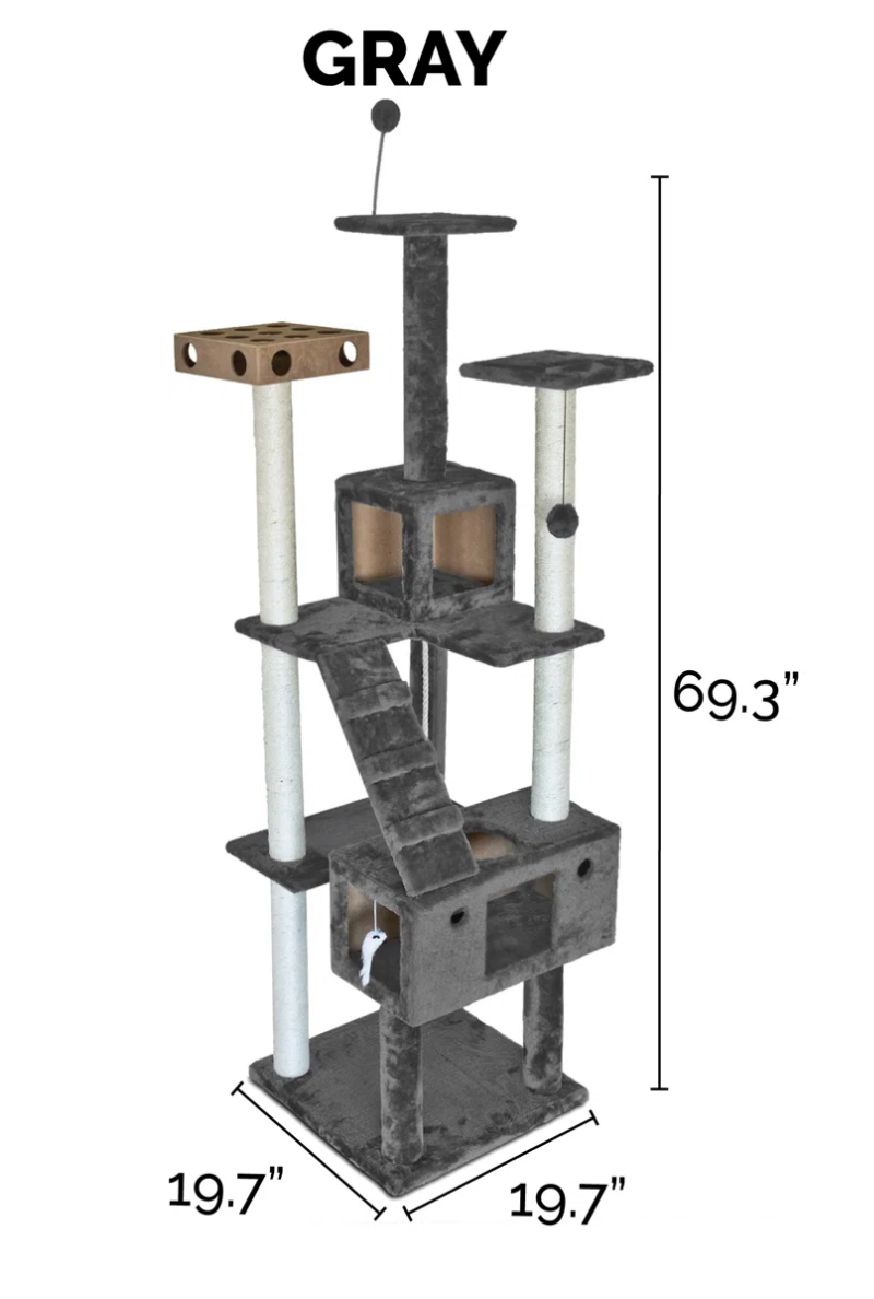 Gray cat tree with dimensions on a white background