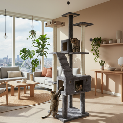 Cat tree with multiple levels and a cat sitting on it against a white background