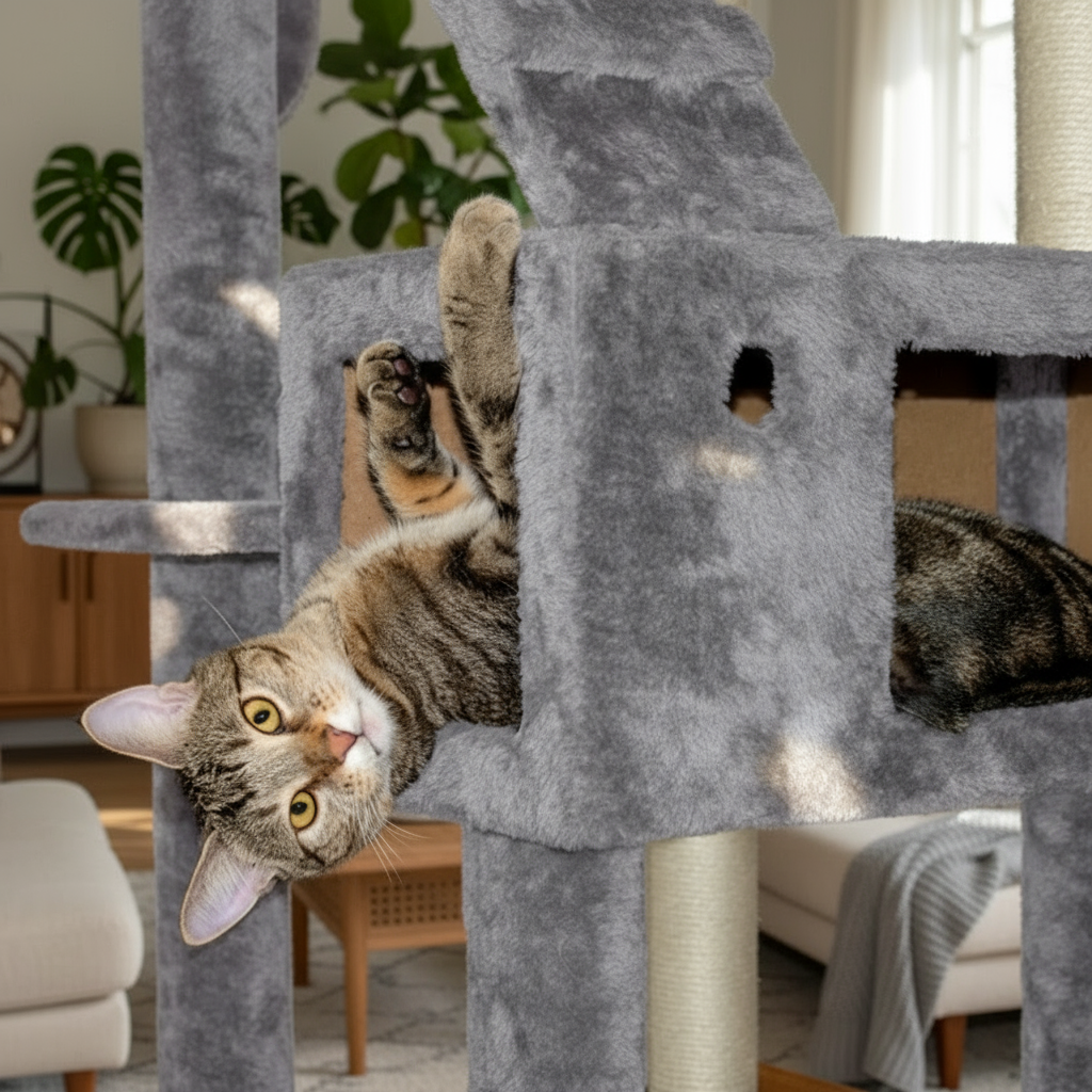 Cat climbing a gray cat tree against a white wall