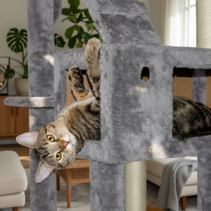 Cat climbing a gray cat tree against a white wall