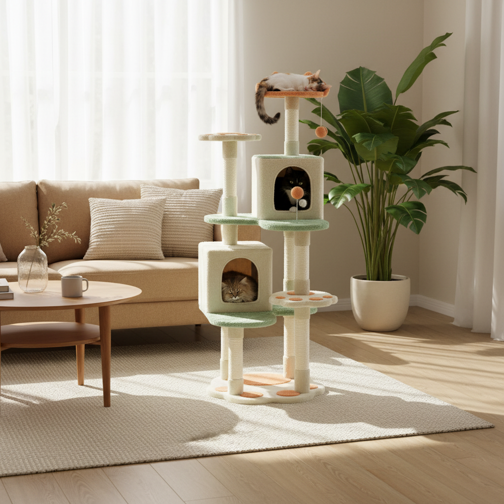Cat tree with multiple levels and a cat resting on top