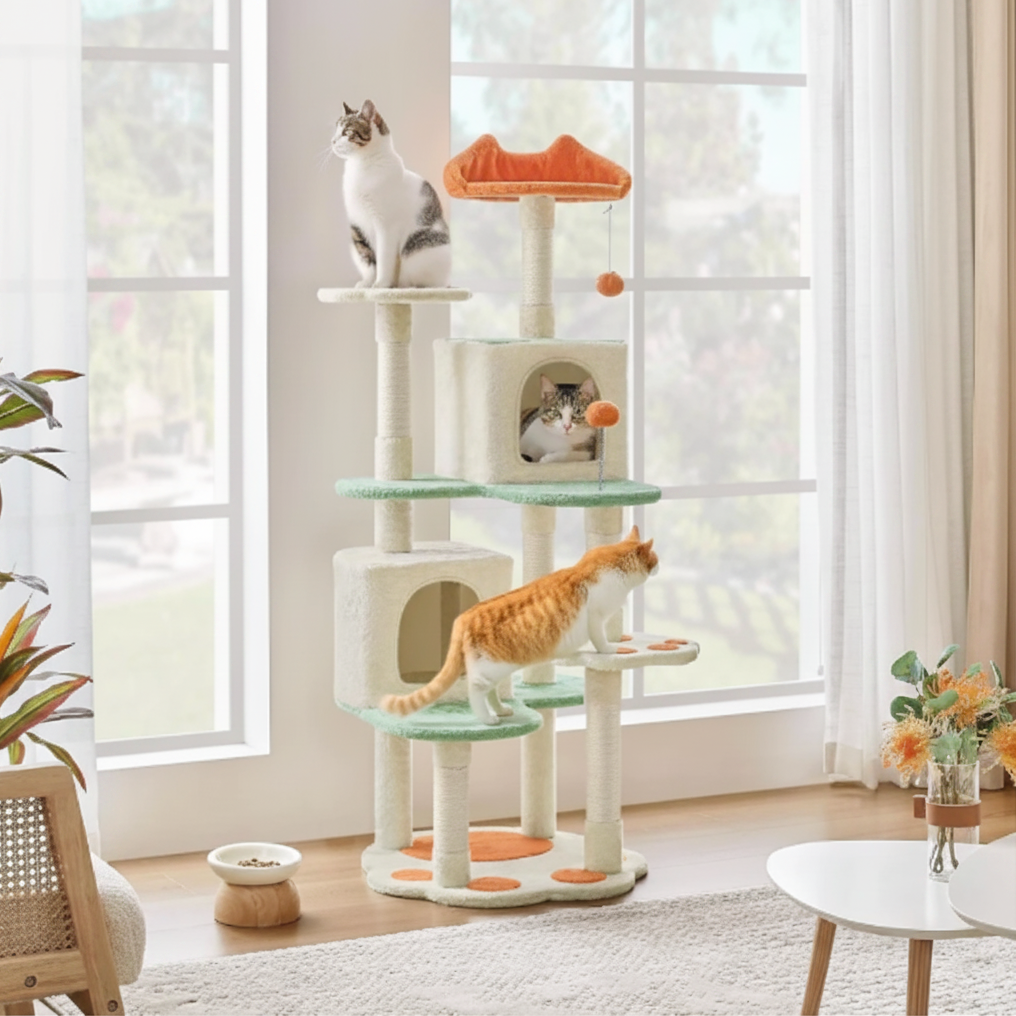 Cat tree with multiple levels and cats on a sunny day