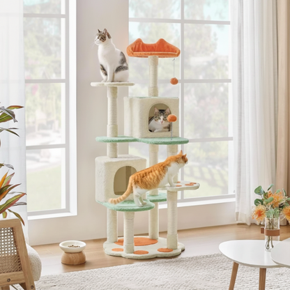 Cat tree with multiple levels and cats on a sunny day