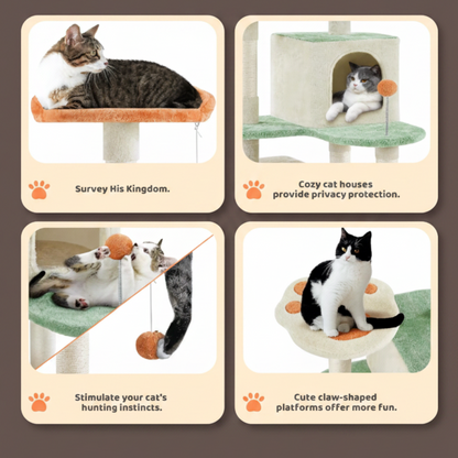 Four cards showing cats on various cat trees with text describing features.