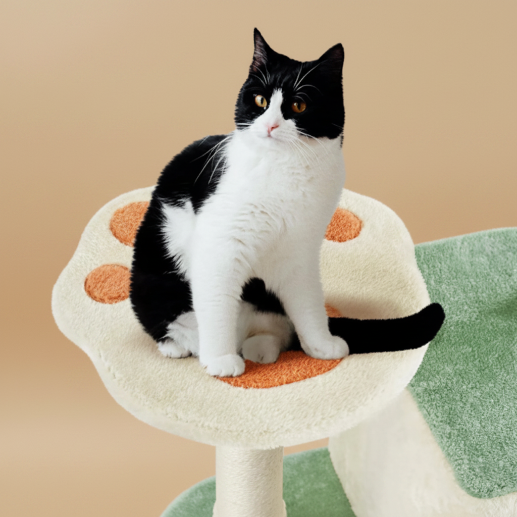 Black and white cat sitting on a cat tree with orange cushion