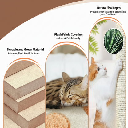 Cat scratcher with text highlighting features like natural sisal ropes and plush fabric covering.