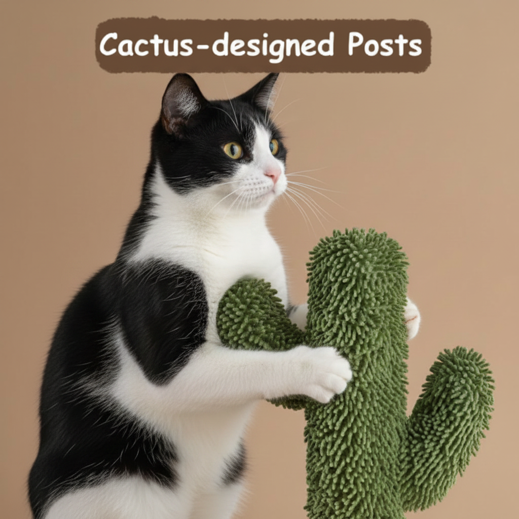 Cat playing with a green cactus-shaped tree against a beige background