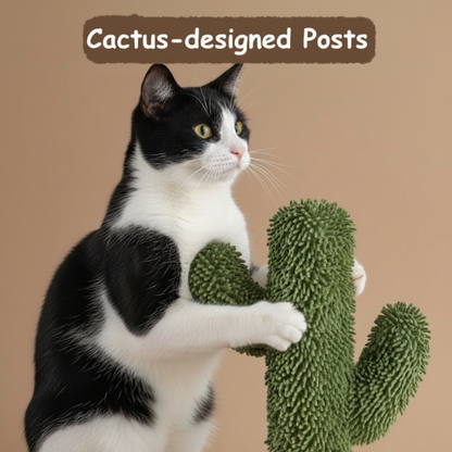 Cat playing with a green cactus-shaped tree against a beige background