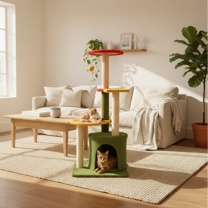 Cat tree with multiple levels and two cats sitting on platforms.