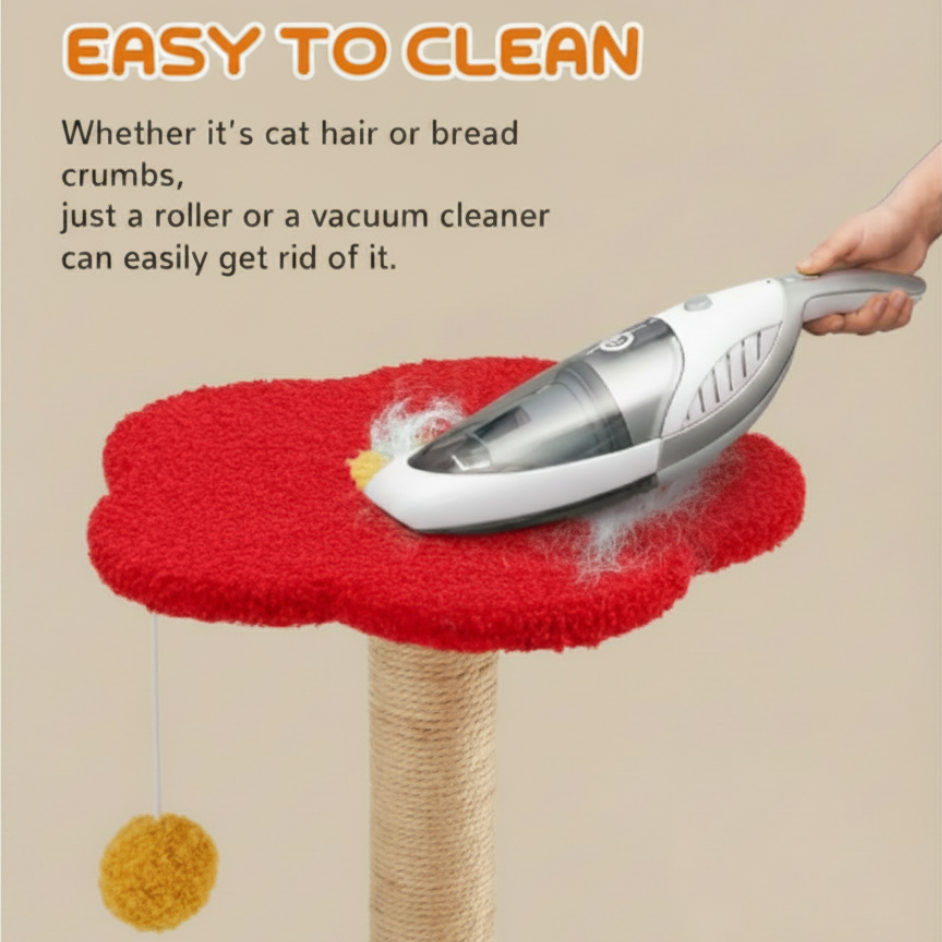Cat tree with red cushion being cleaned by a hand held vacuum cleaner, text indicating ease of cleaning.