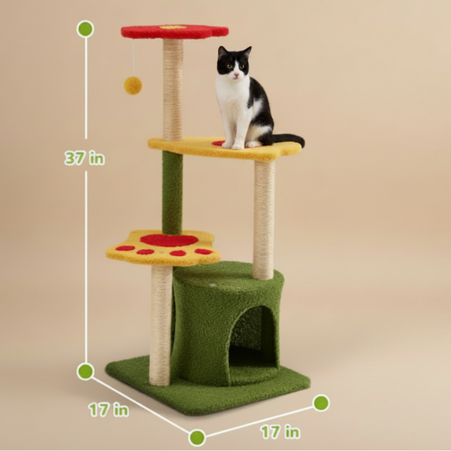 Cat tree with dimensions labeled, showing a child interacting with a cat on top.