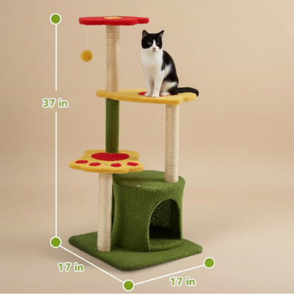 Cat tree with dimensions labeled, showing a child interacting with a cat on top.