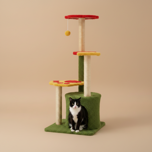 Cat tree with a cat sitting on a beige background