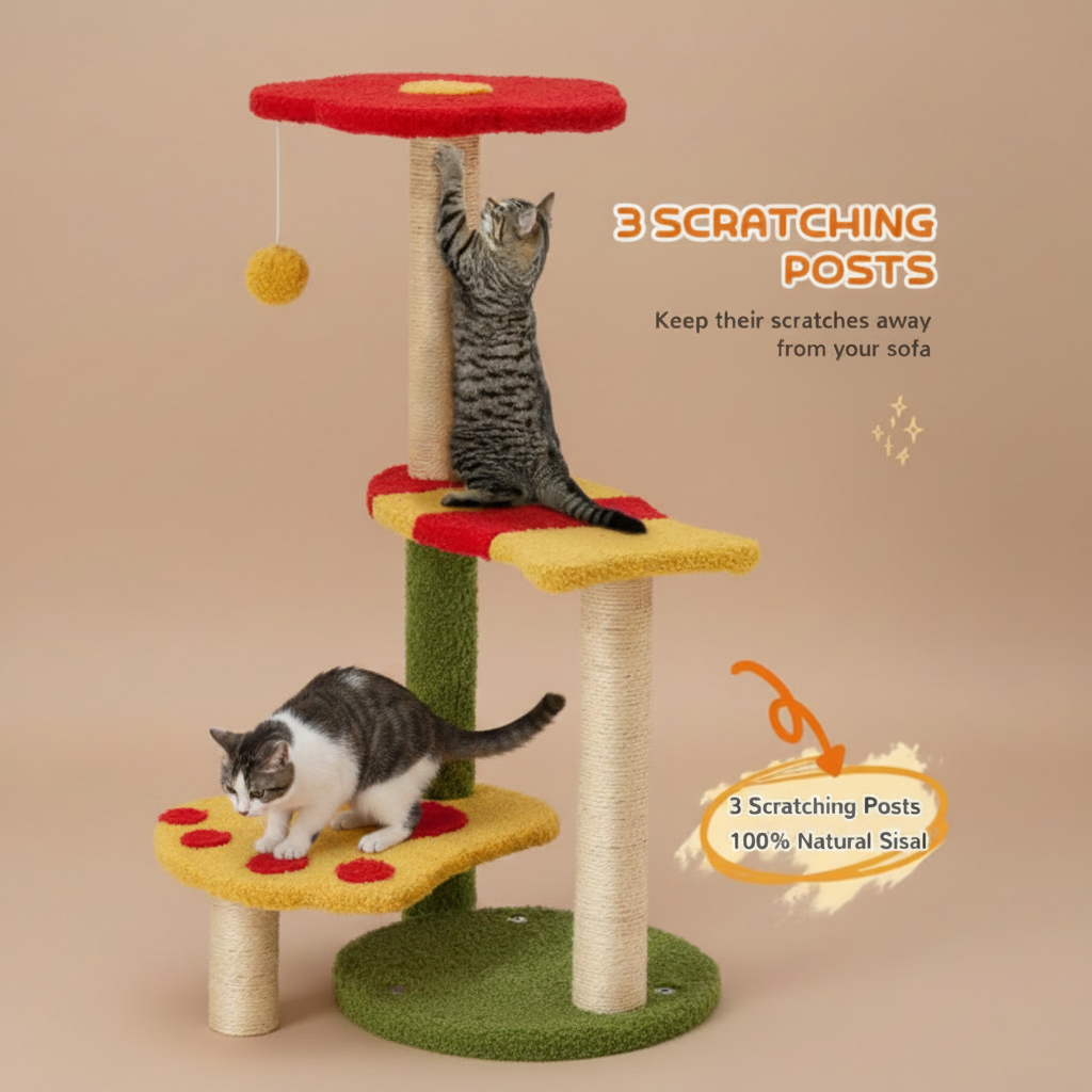 Cat climbing tree with three scratching posts and text highlighting features