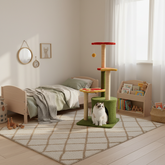 Cat tree with green cushion and red platforms, featuring a cat sitting on it.