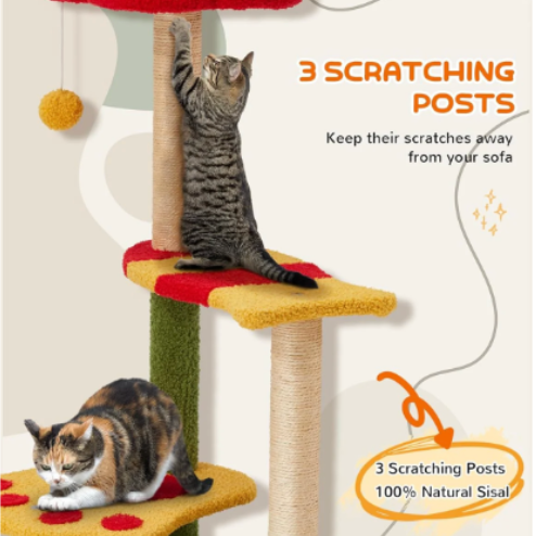 Cat climbing a multi-level scratching post with text highlighting features.