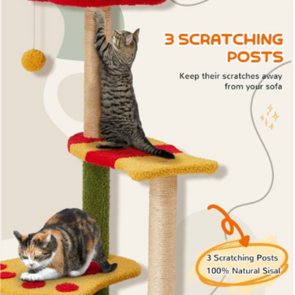 Cat climbing a multi-level scratching post with text highlighting features.