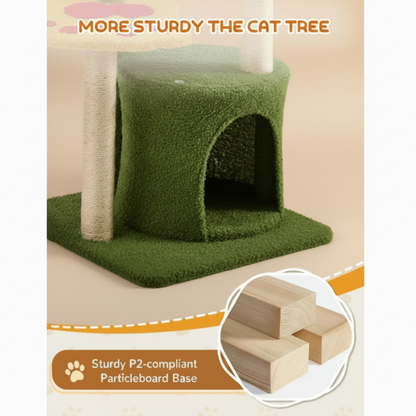 Cat tree with green cushion and wooden base on a light wood floor.