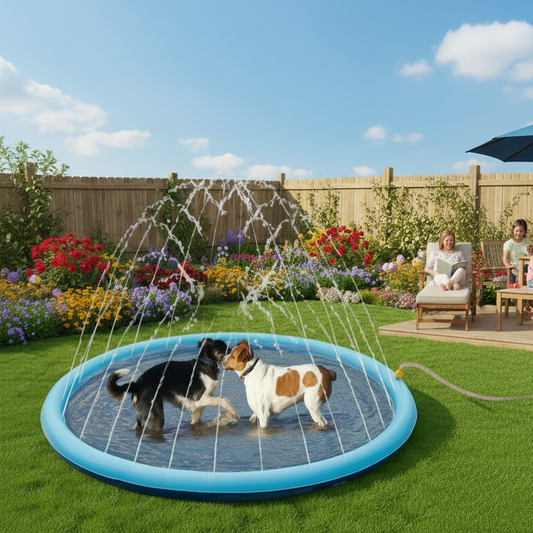 Two dogs playing in an inflatable water sprinkler pad on a grassy area.
