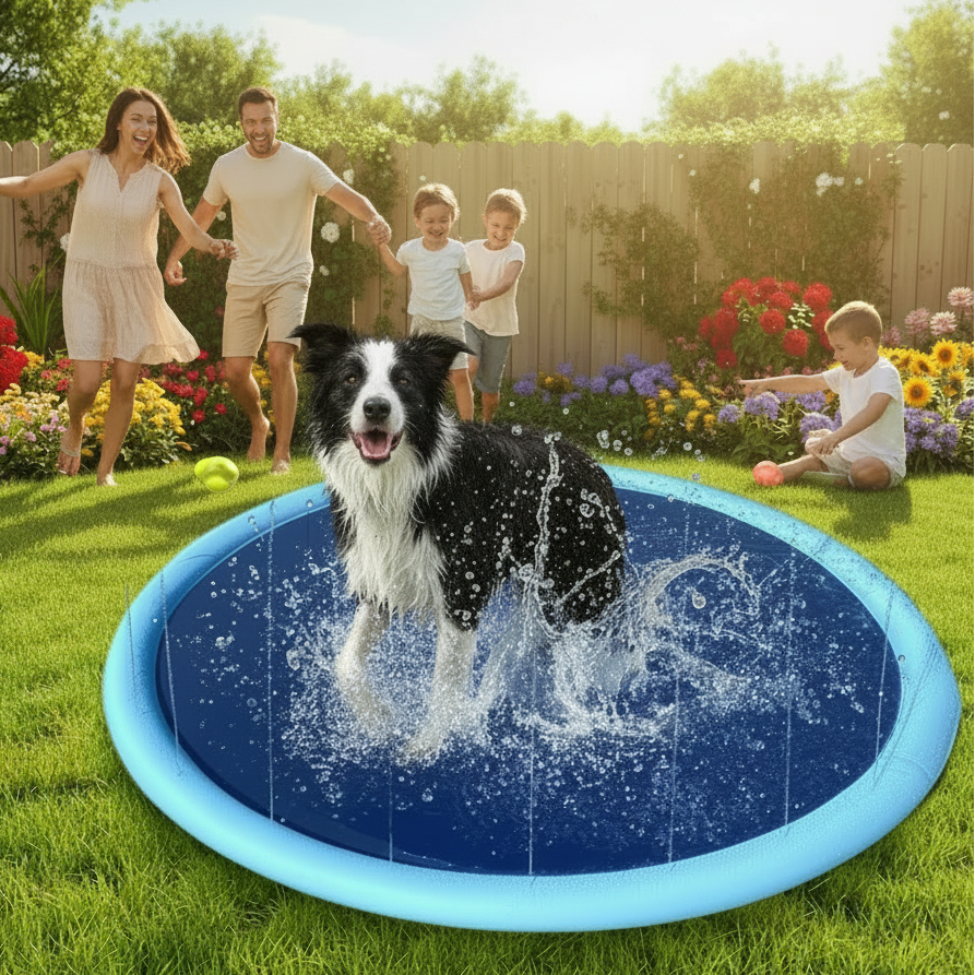 Dog in a blue inflatable pool with a family playing in a grassy backyard setting.