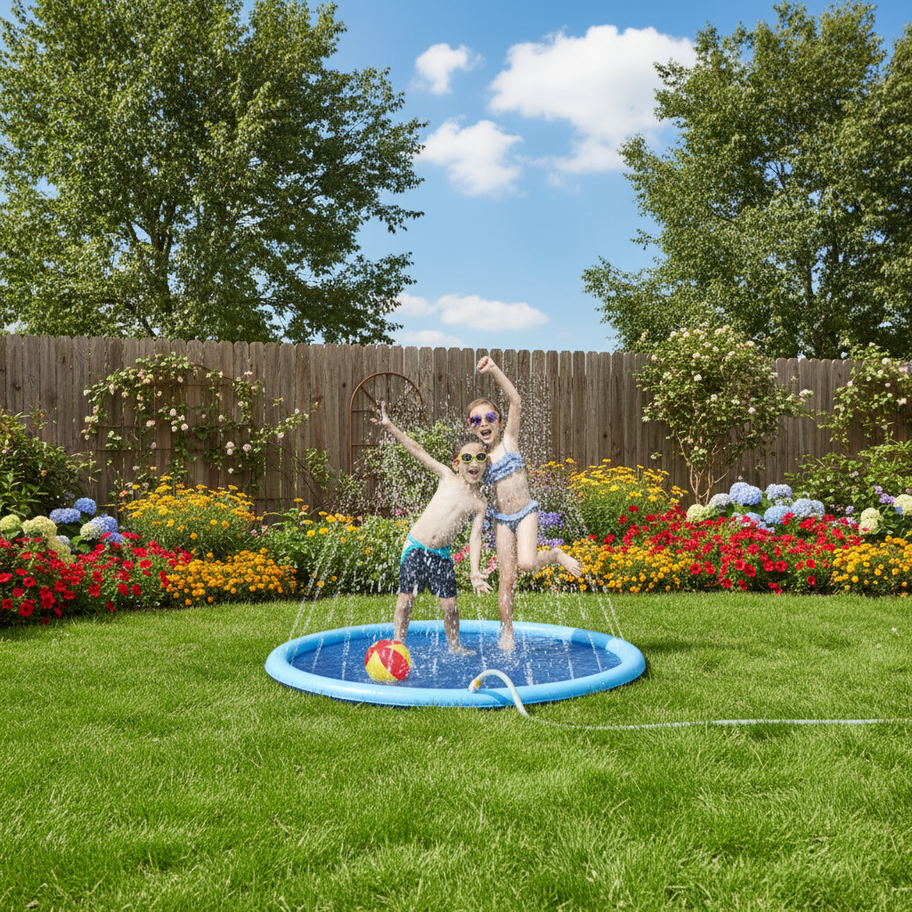 Children playing on a inflatable water play mat with a ball outside in the backyard.