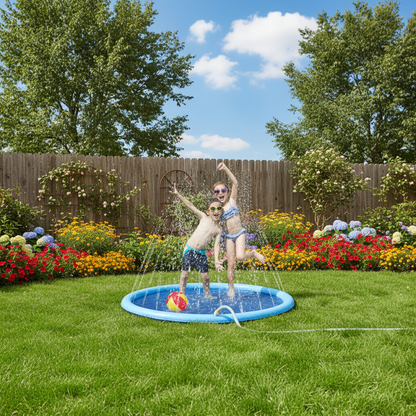 Children playing on a inflatable water play mat with a ball outside in the backyard.