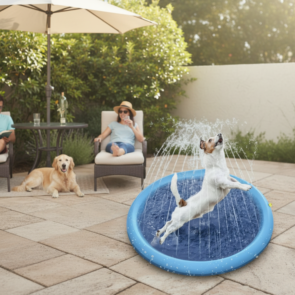 Dog playing with a blue sprinkler pad with people lounging in a backyard patio setting.