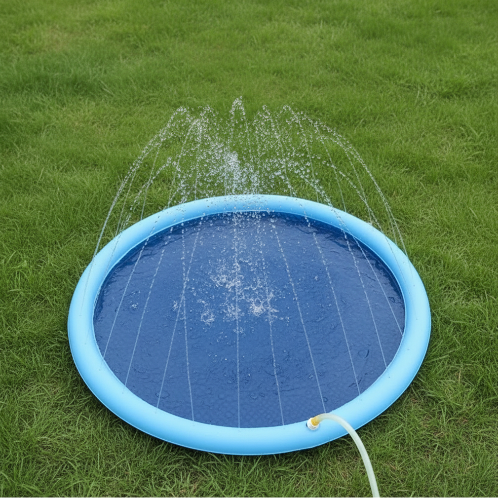 Blue inflatable pool with water splashing on a grass surface