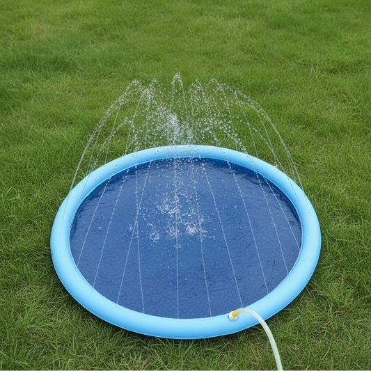 Blue inflatable pool with water splashing on a grass surface