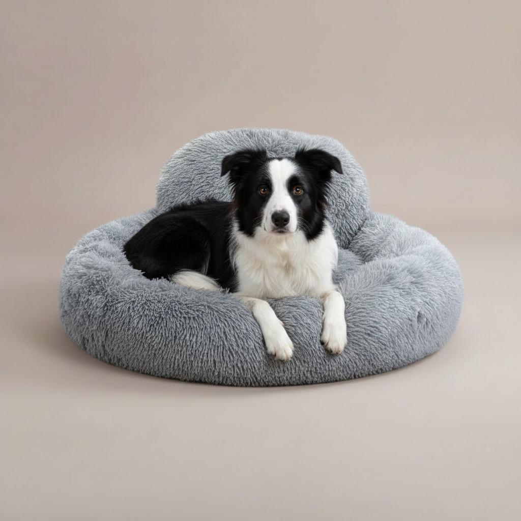 Dog lying on a gray fluffy donut bed with a visible brand logo.