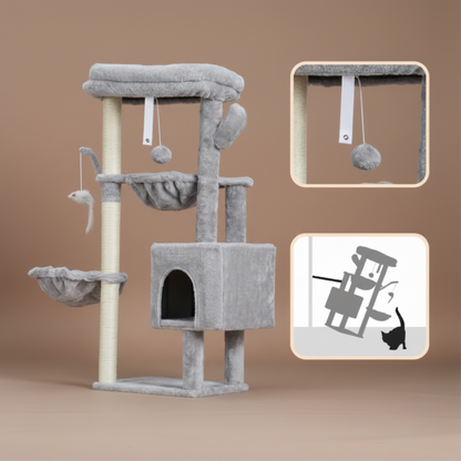 Cat tree with various perches and toys on a white background