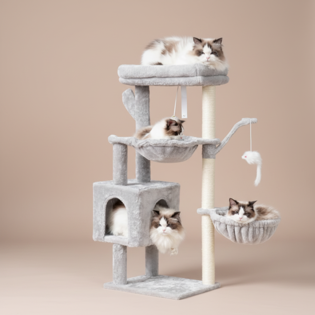 Cat tree with multiple cats on different levels in a room with a plant and curtains.