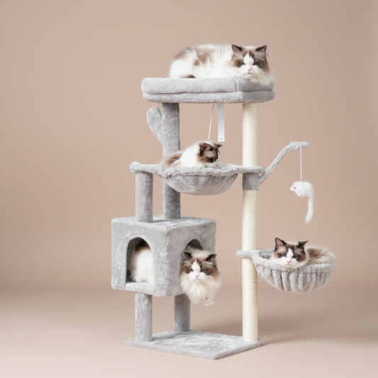 Cat tree with multiple cats on different levels in a room with a plant and curtains.