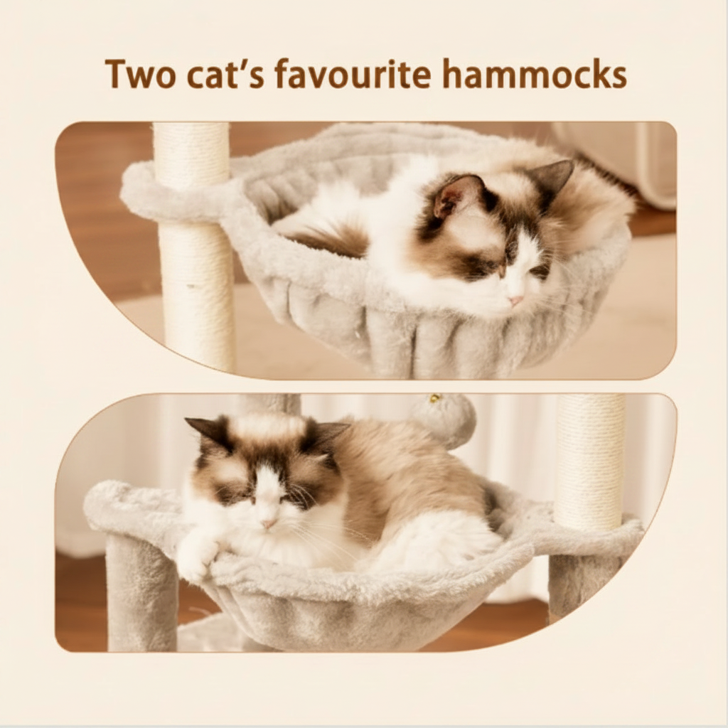 Two cats relaxing in their favorite hammocks with decorative elements.