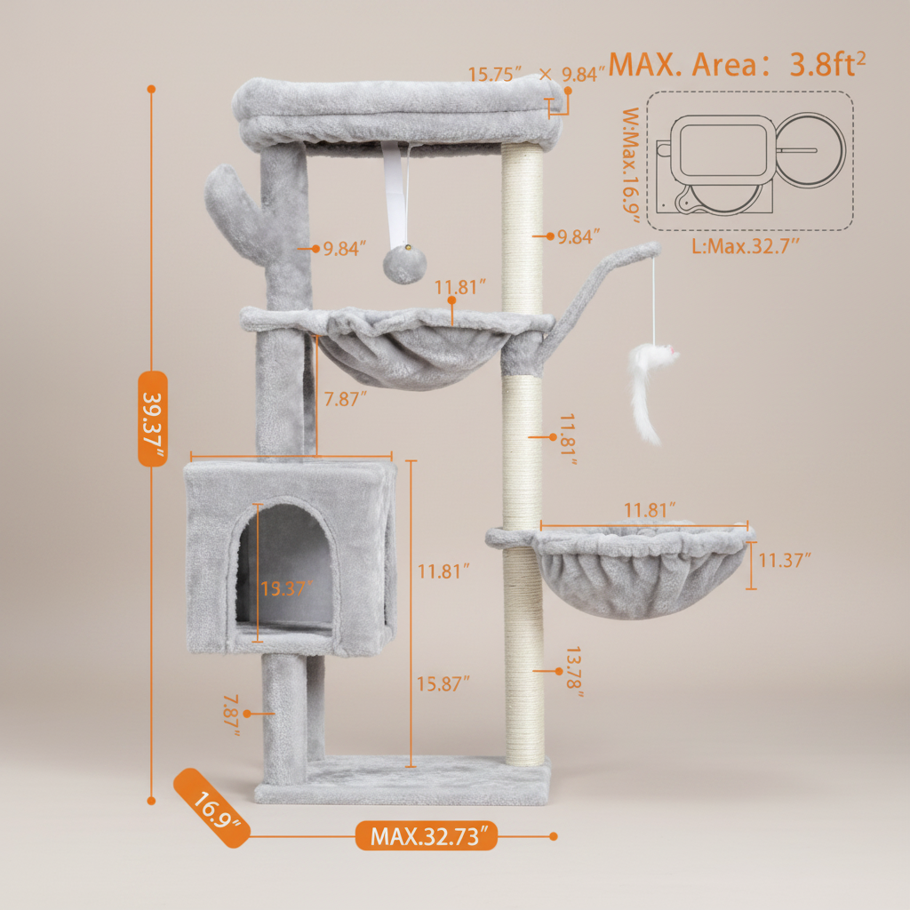 Cat tree with dimensions labeled on a beige background