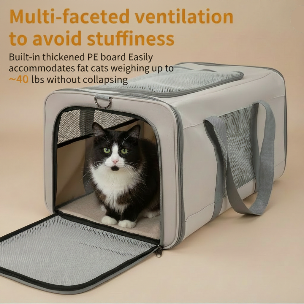 Cat lying inside a pet carrier with text about multi-faceted ventilation and capacity.