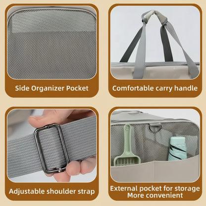 Product features including side organizer pocket, comfortable carry handle, adjustable shoulder strap, and external pocket for storage.