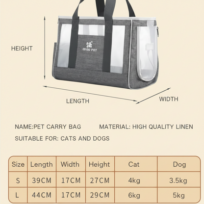 Pet carry bag with dimensions and material details on a beige background