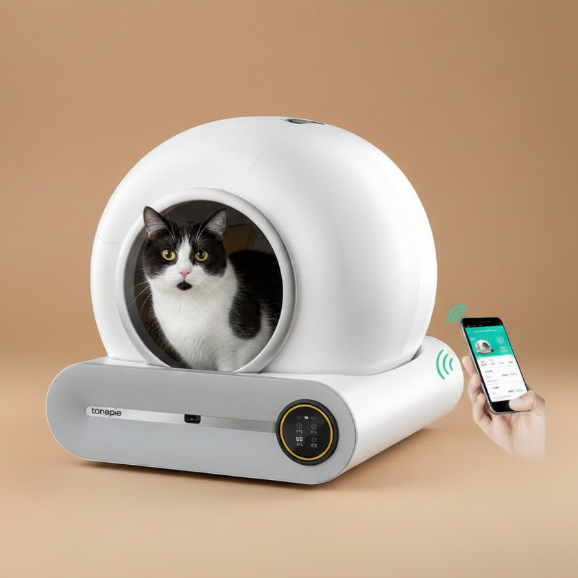 Pet pod with a cat inside and a smartphone displaying an app on a beige background