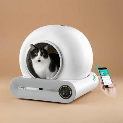 Pet pod with a cat inside and a smartphone displaying an app on a beige background