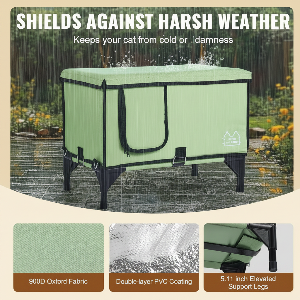 Pet house shields against harsh weather with text and product details.