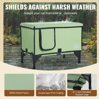 Pet house shields against harsh weather with text and product details.