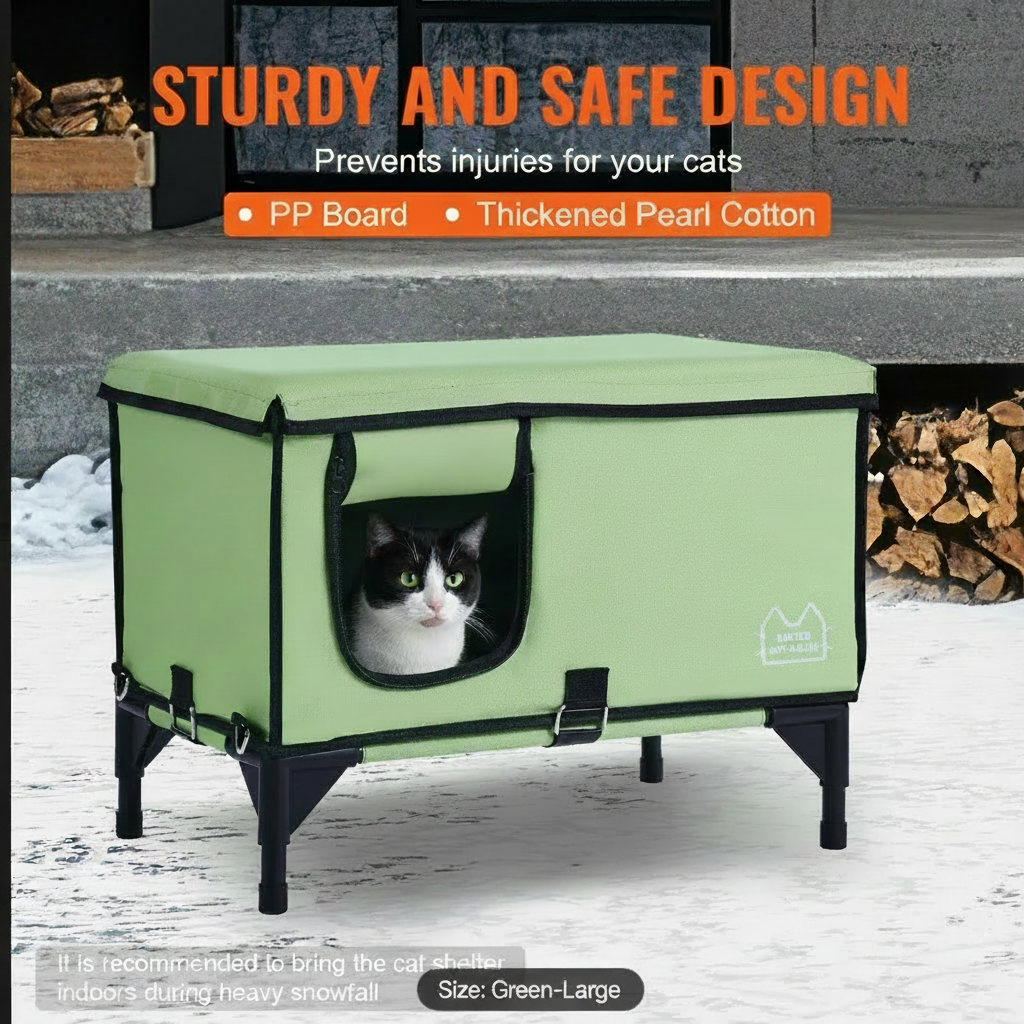 Green pet shelter with a cat inside, surrounded by firewood and snow.