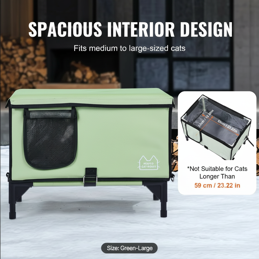 Green heated house suitable for medium to large-sized cats.
