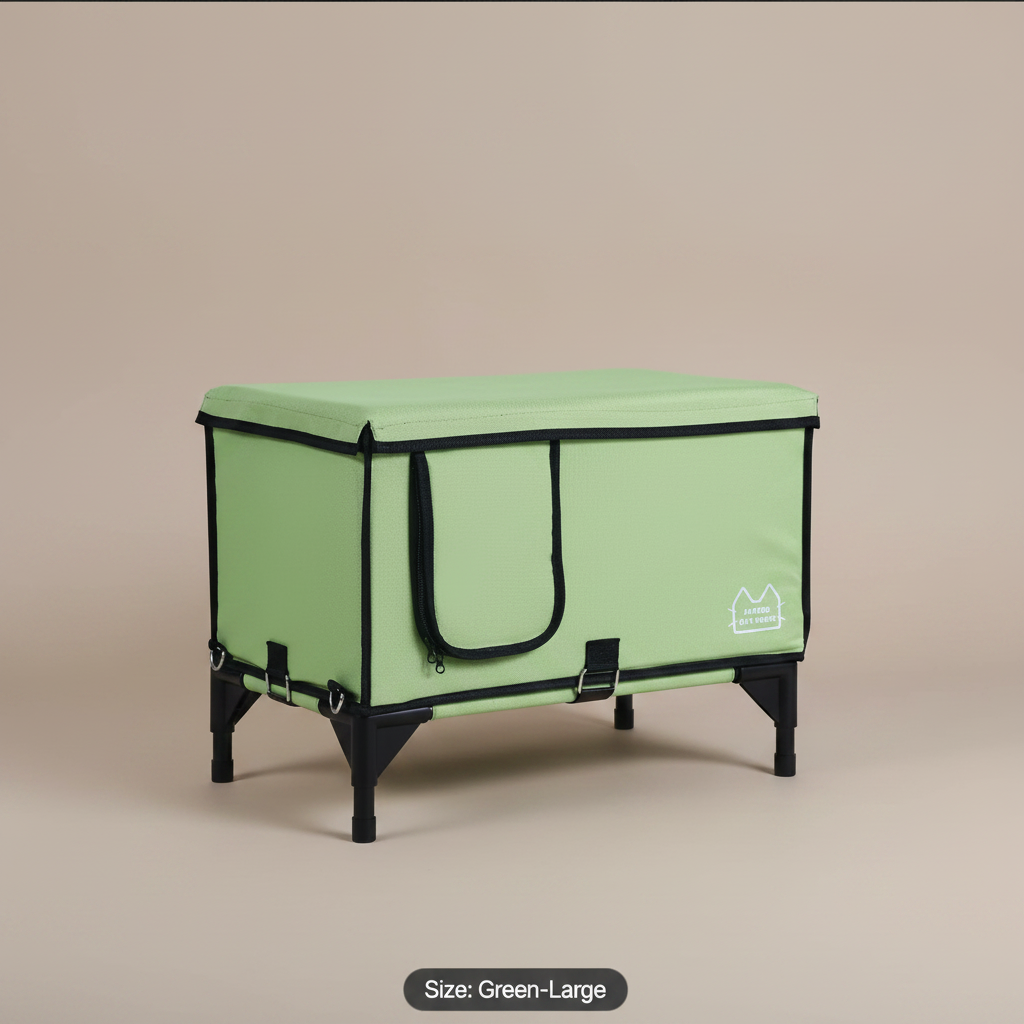 Green pet house with black trim on a beige background