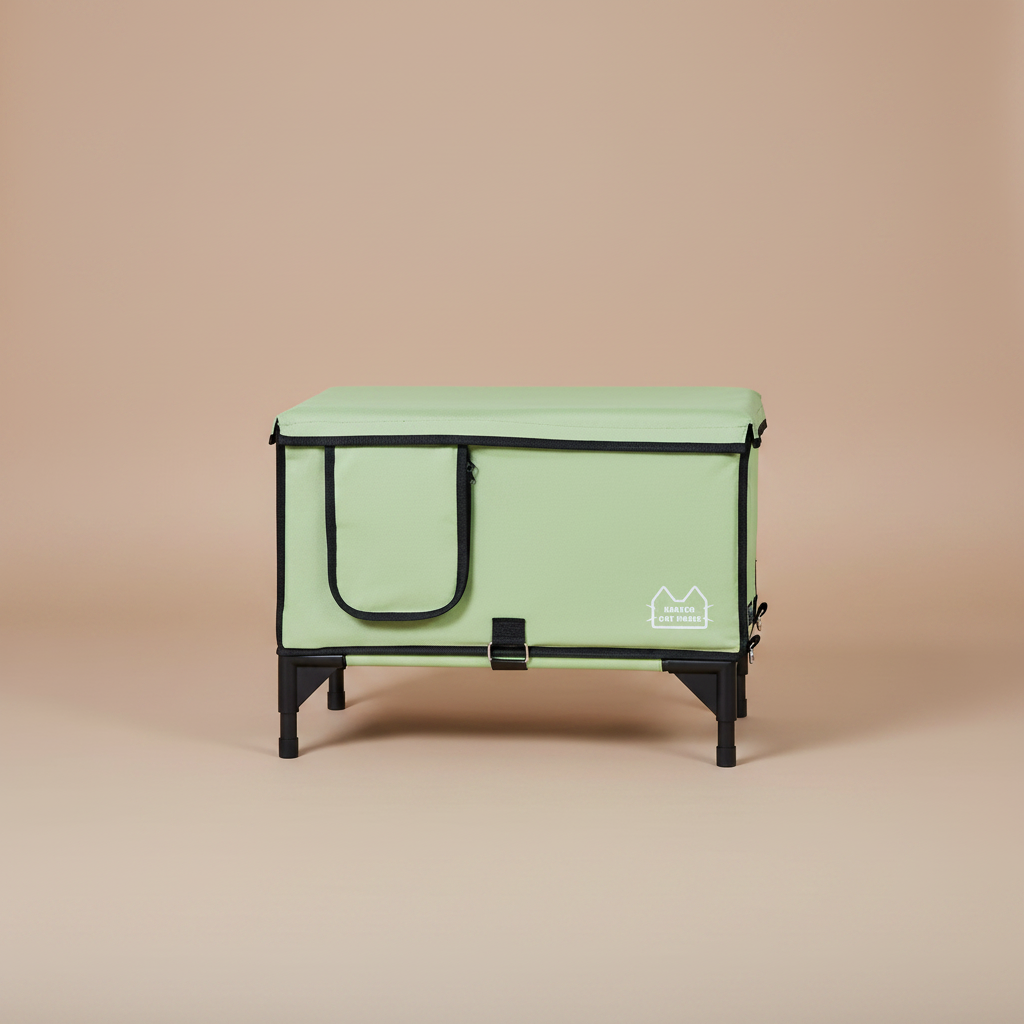Green pet house with black trim on a white background