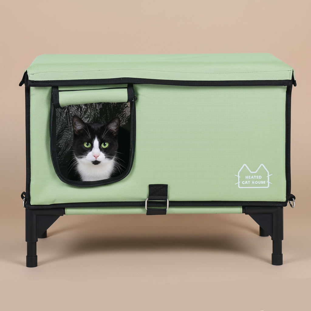Green pet carrier with a cat peeking out on a beige background