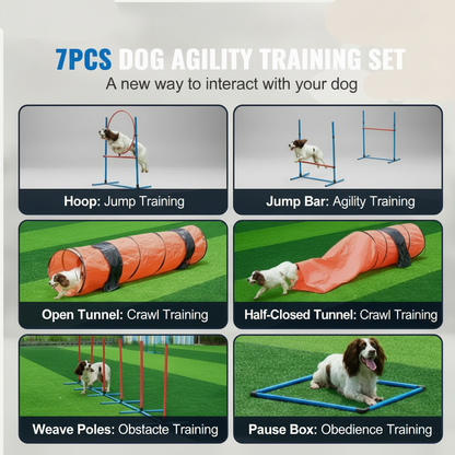 7pcs dog agility training set with various components on a grassy background.