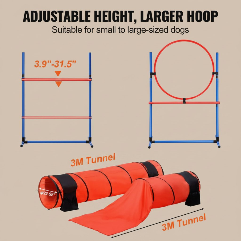 Pet exercise equipment with adjustable jump bar and larger hoop, and a 3M tunnel for small to large-sized dogs.