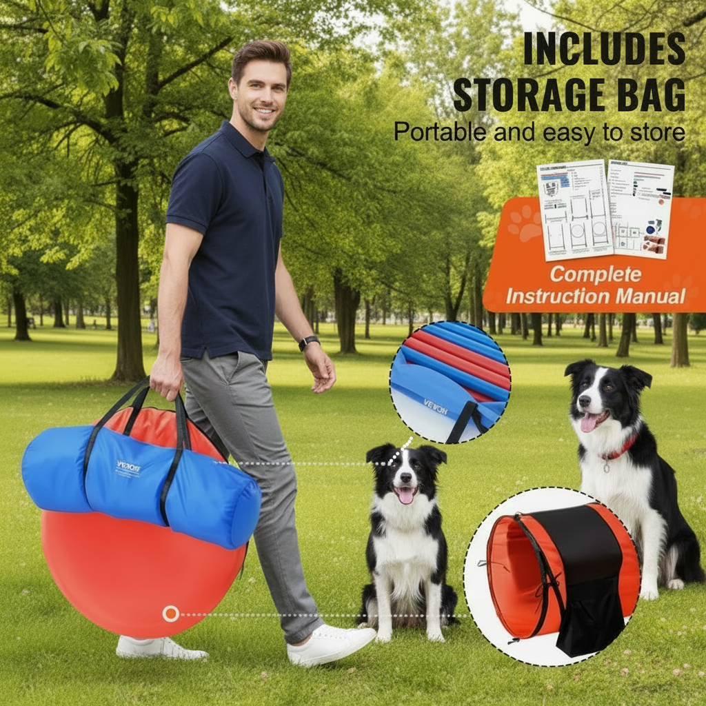 Man holding a red and blue portable storage bag with a dog in the background, including text about storage bag features.